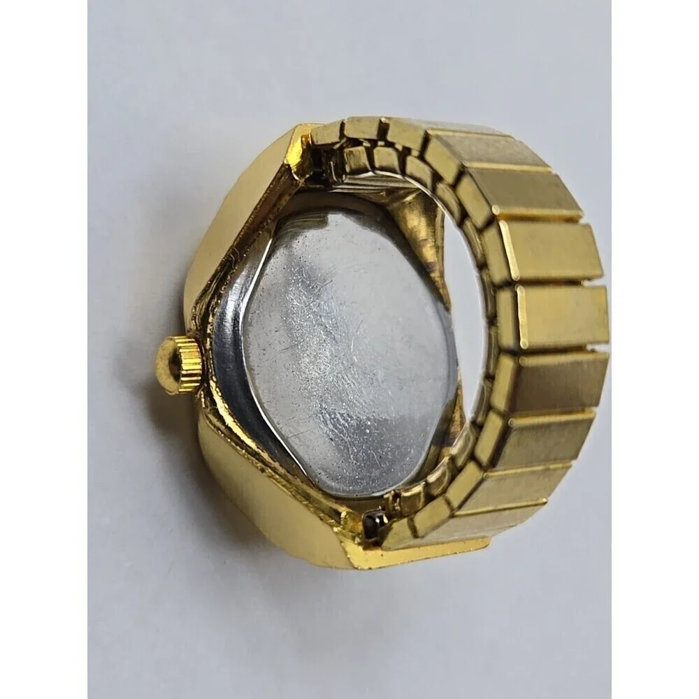Bozhi Gold Tone Quartz Ring Watch Black Dial New Battery Retro Stretch Accessory